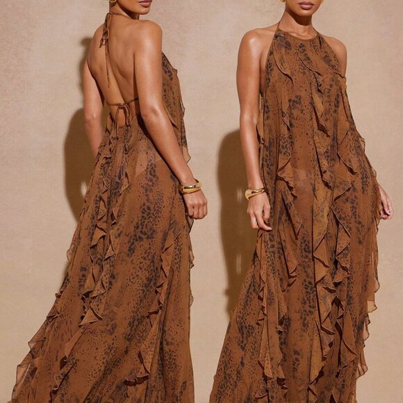 Mocha Brown Casual Women's Maxi Dress Halter Neck Sleeveless Ruffled Party Dress - Picture 1 of 5